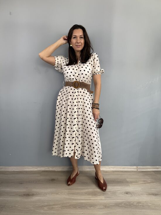 Krēmkrāsas midi garuma pumpiņkleita